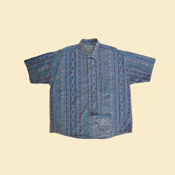 Abstract 90s mens XL shirt by FreeFall, vintage teal & purple short sleeve top - Picture 1 of 8